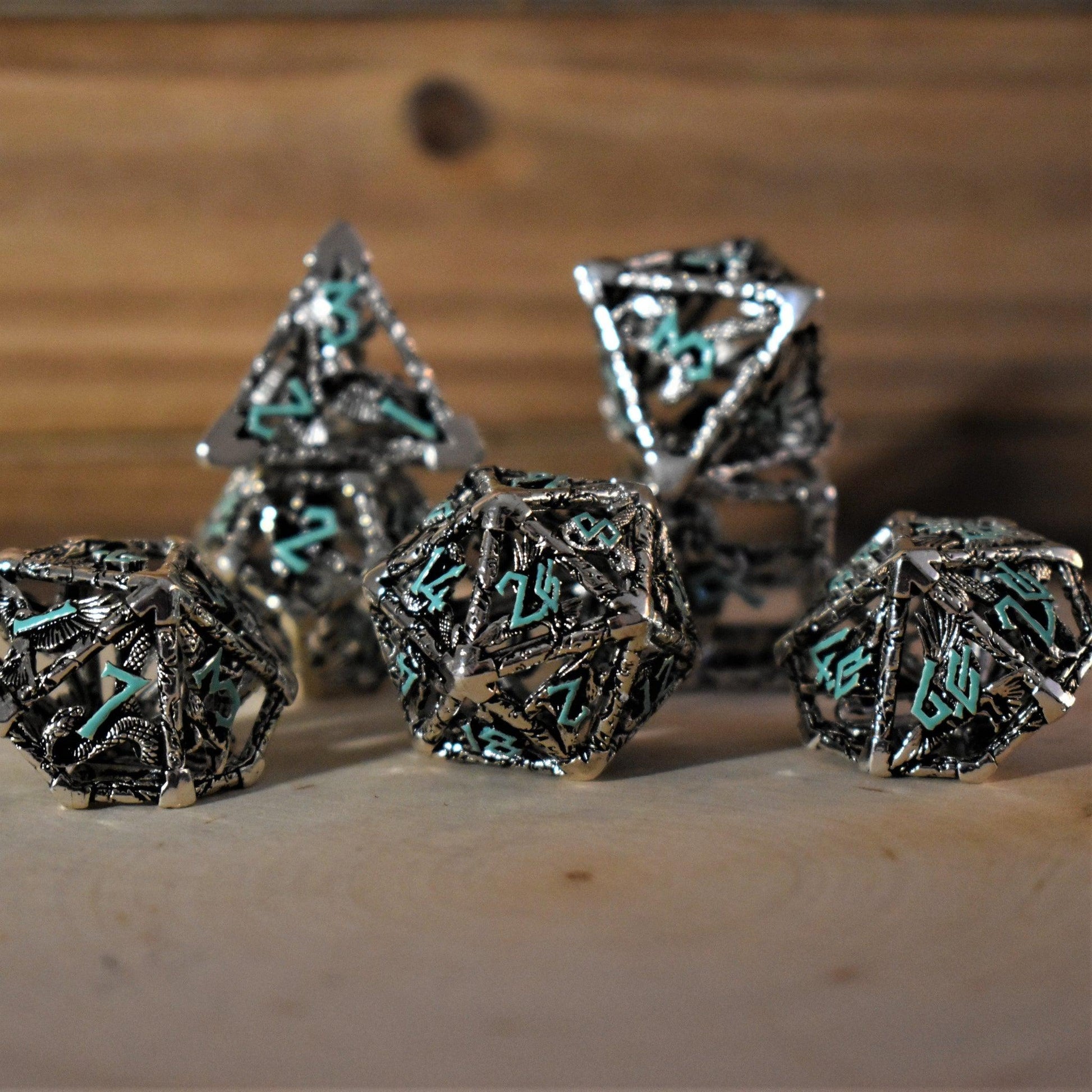 Legends of Valhalla - Silver and Blue Hollow Metal Dice Set