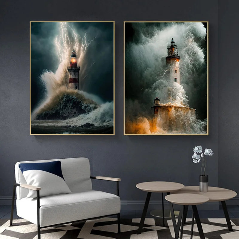 Lighthouse Oil Painting Poster Canvas Printing Decoration Painting Waves Lighthouse Wall Art Decor picture house room Art Decor