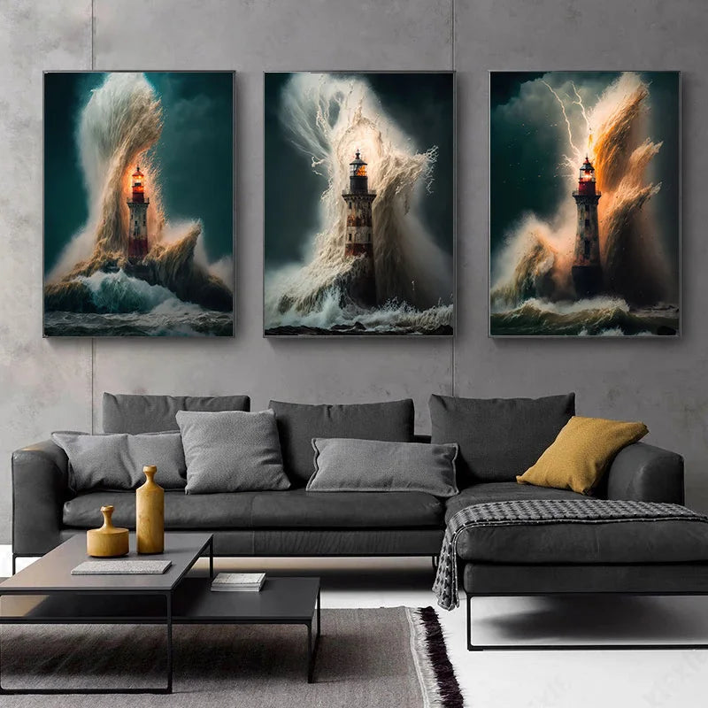 Lighthouse Oil Painting Poster Canvas Printing Decoration Painting Waves Lighthouse Wall Art Decor picture house room Art Decor