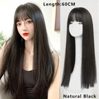 Long Straight With Bangs Synthetic Wigs For Black/White Women Natural Black Brown Gray Heat Resistant Fiber Hair Wigs For Black Women Cosplay Wigs For Women Gifts for Girlfriends
