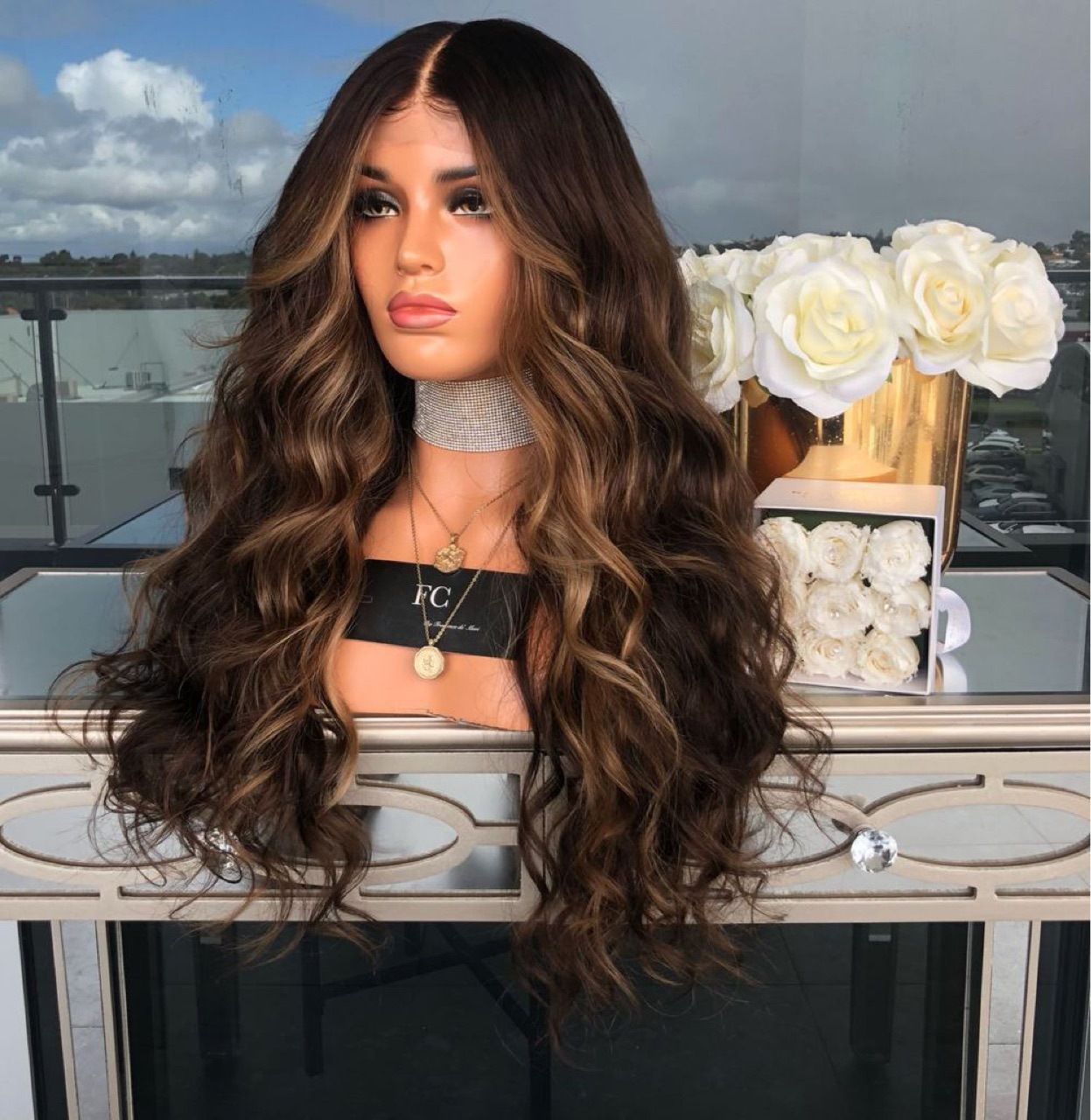 Long Wavy Brown Root Honey Blonde Ombre Wig Half Hand Tied Heat Friendly Synthetic Lace Front Wig