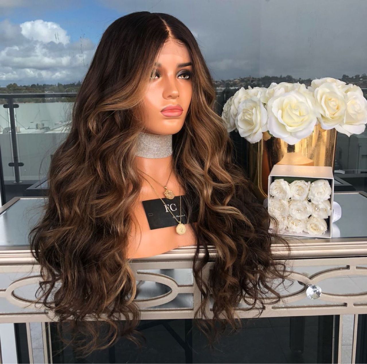 Long Wavy Brown Root Honey Blonde Ombre Wig Half Hand Tied Heat Friendly Synthetic Lace Front Wig