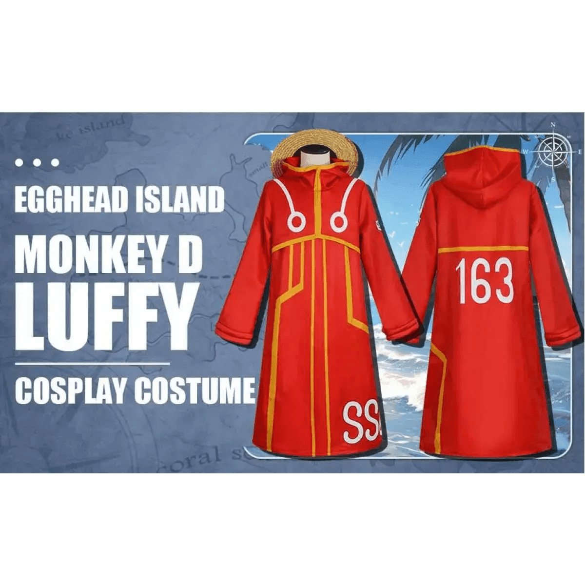 Luffy Egghead Island Cosplay – One Piece 163 Red Robe & Straw Hat Set - S / Costume only