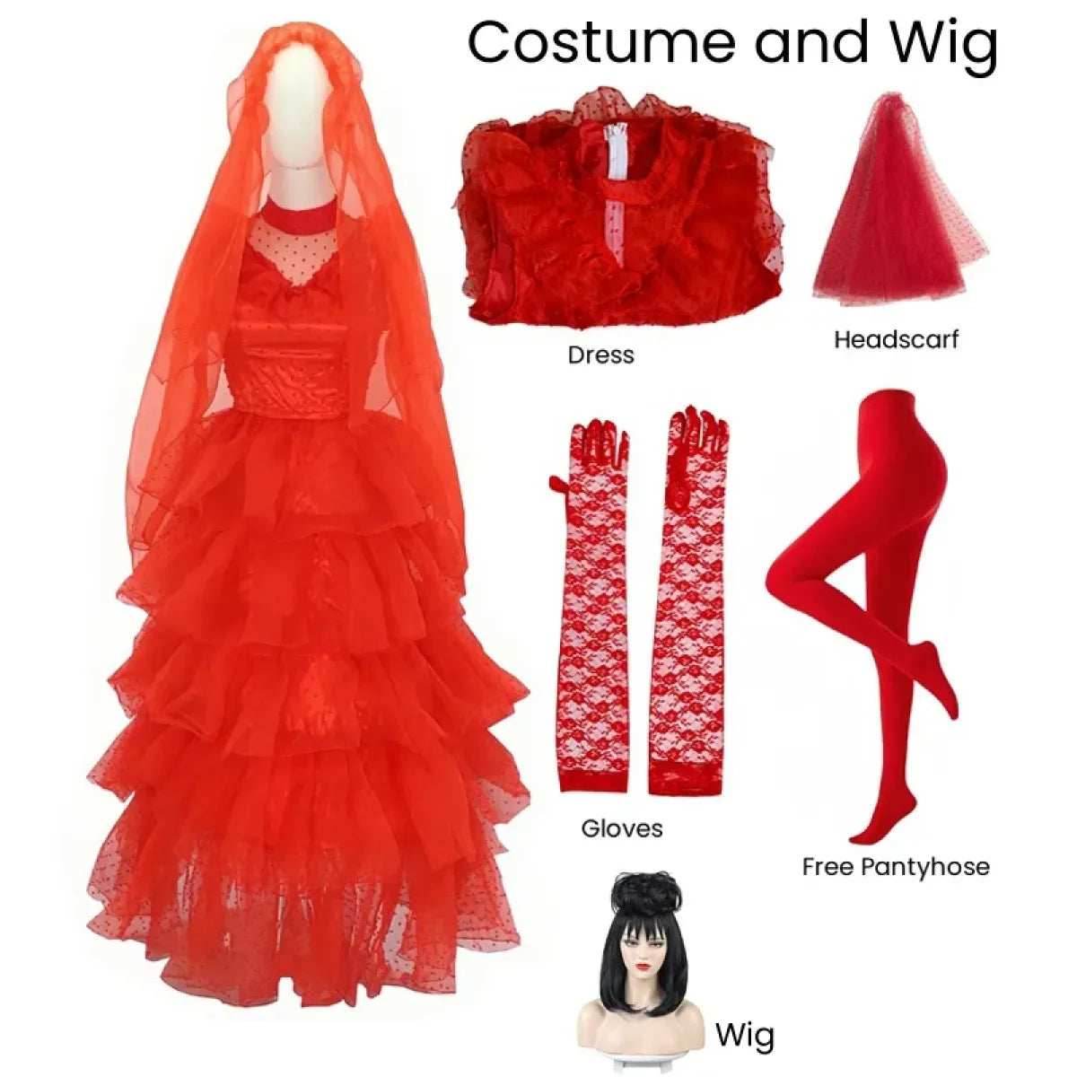 Lydia Deetz Red Wedding Dress Costume – Beetlejuice Outfit Set - Dress and wig / S