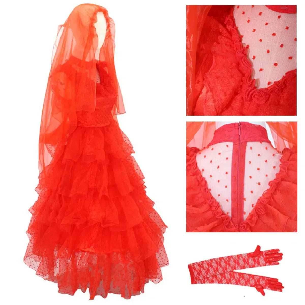 Lydia Deetz Red Wedding Dress Costume – Beetlejuice Outfit Set - Dress Set / S