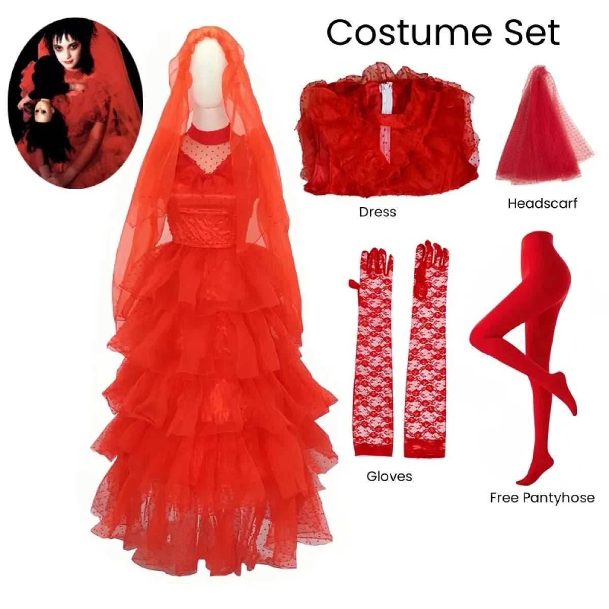 Lydia Deetz Red Wedding Dress Costume – Beetlejuice Outfit Set - Dress Set / S