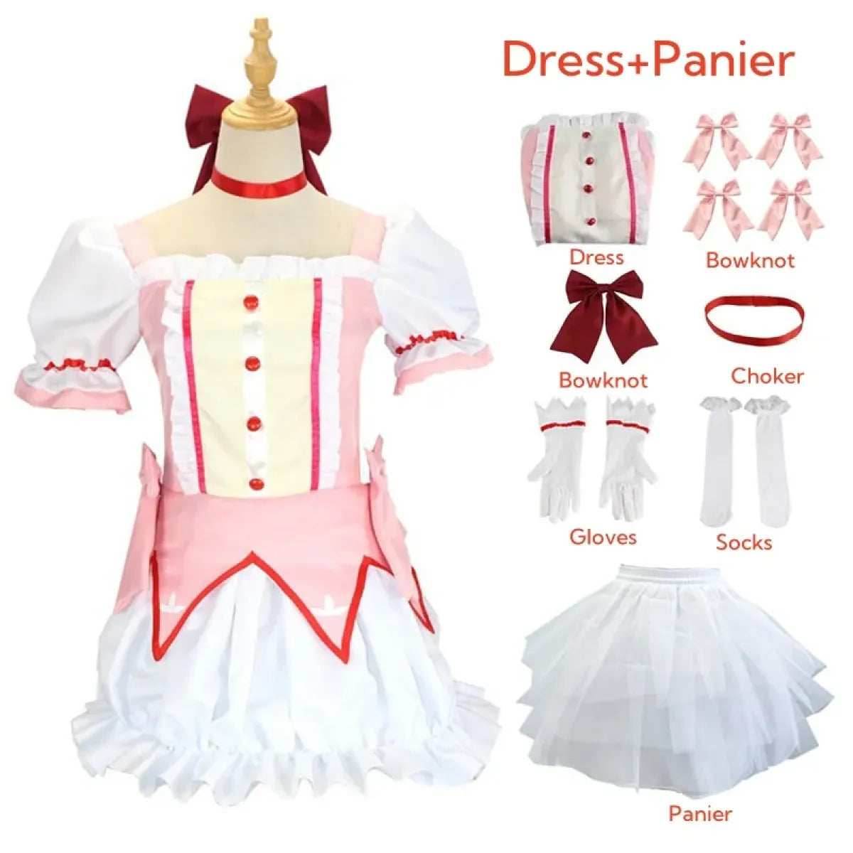 Madoka Kaname Cosplay Costume – Puella Magi Dress with Wig - S / Costume and Pannier