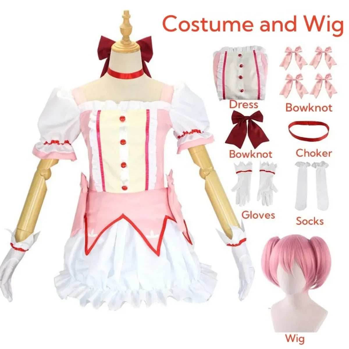 Madoka Kaname Cosplay Costume – Puella Magi Dress with Wig - S / Costume and wig