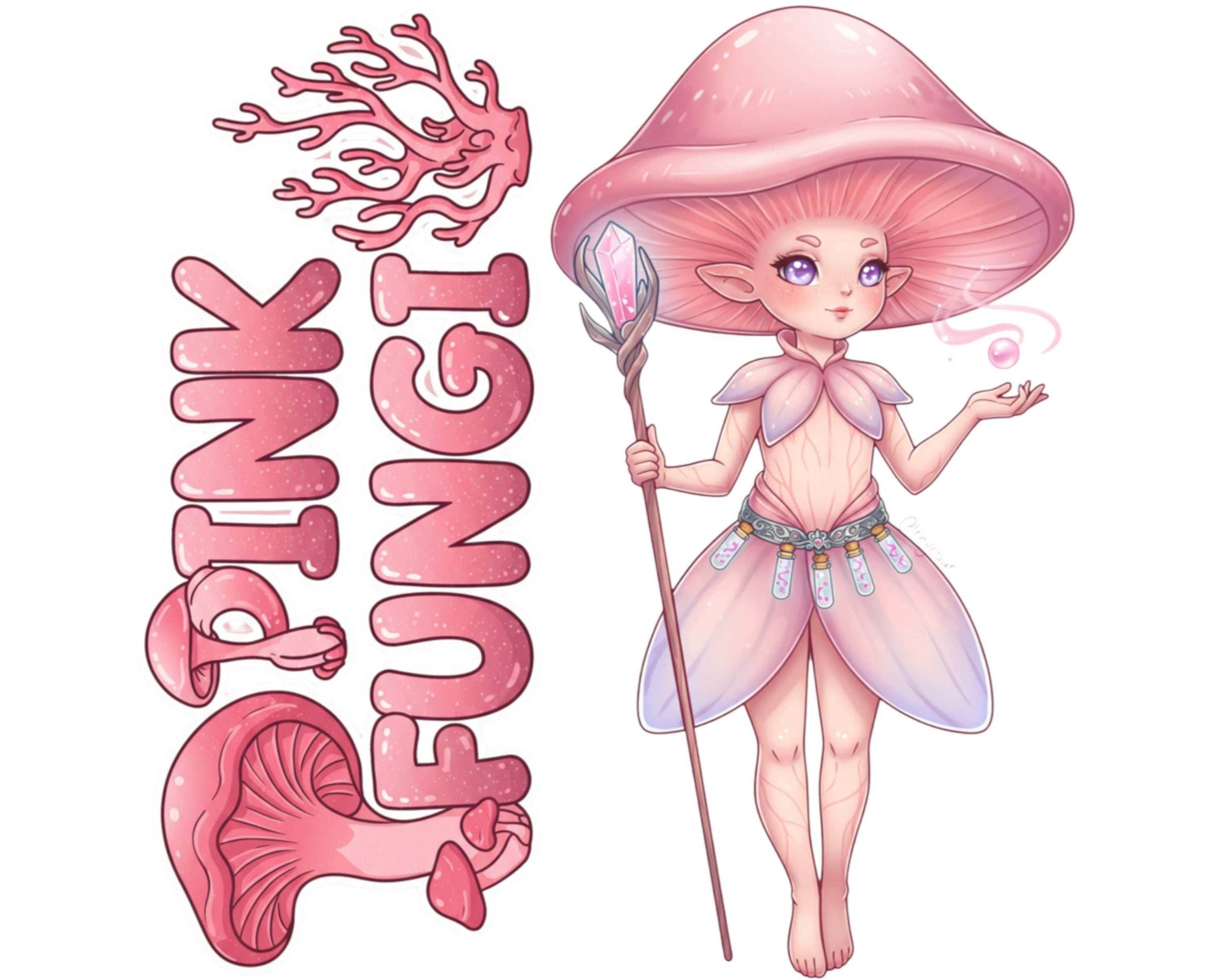 Pink Fungi Sticker and Magnet - the Petal Pixie Fungikins™ – Fantasy Mushroom Art | Waterproof & UV-Proof - Sticker / Mini