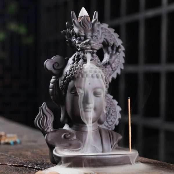 Head Of Buddha Backflow Incense Burner With Dragon - 