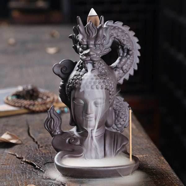 Head Of Buddha Backflow Incense Burner With Dragon - 