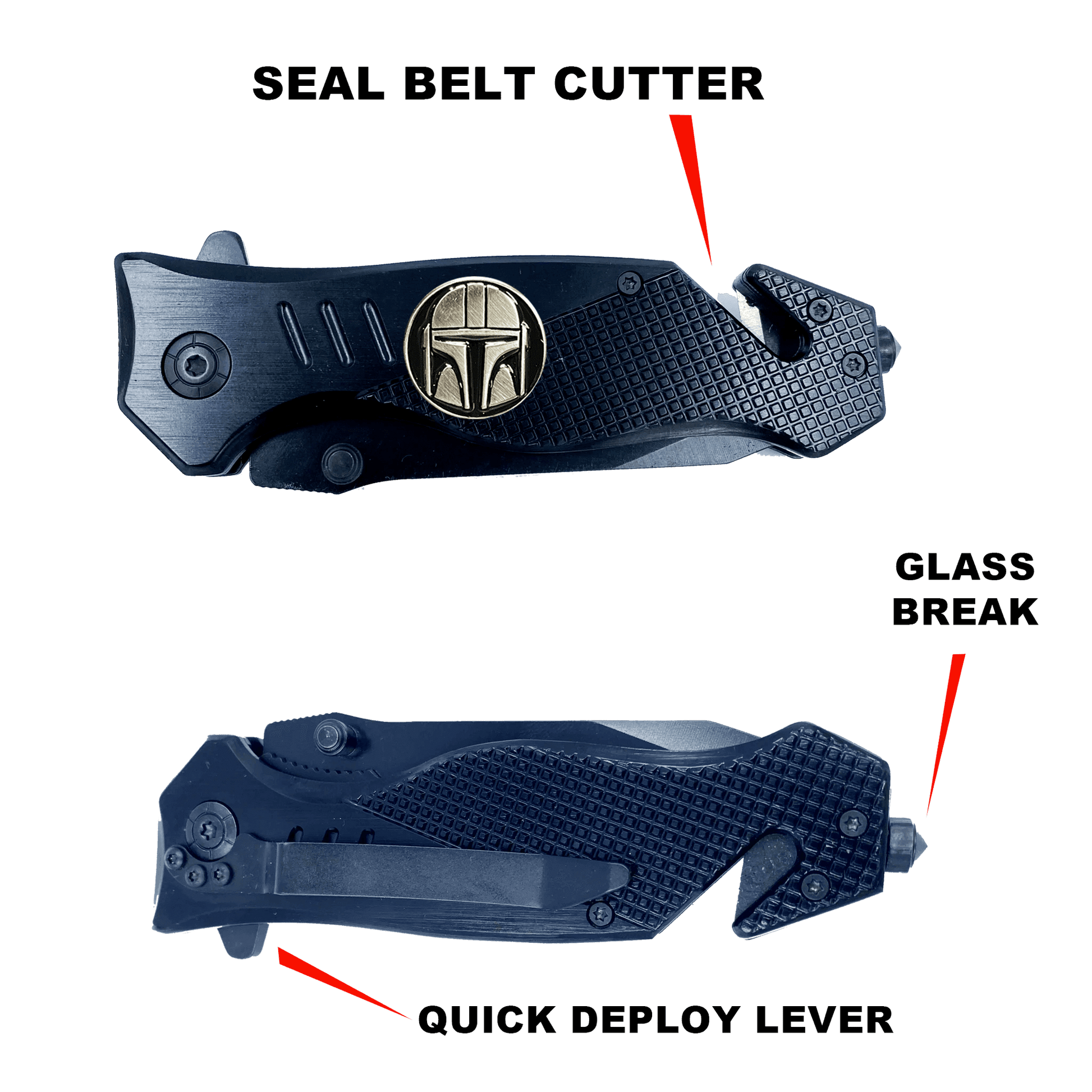 GL3-017 Mandalorian Inspired 3-in-1 Police Tactical Rescue knife tool knife Star Wars parody with Seatbelt Cutter, Steel Serrated Blade, Glass Breaker - 