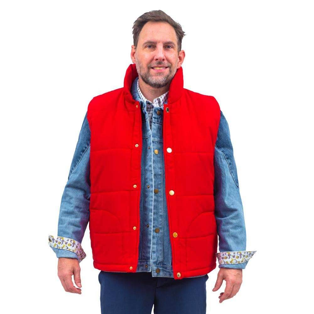 Marty McFly Denim Shirt and Red Puffy Vest Halloween Costume Cosplay - S