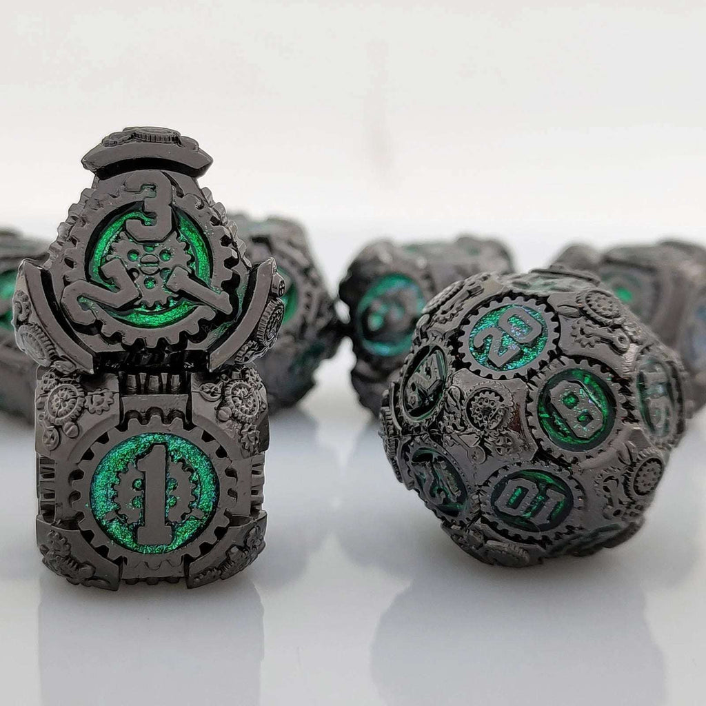Mechanical Gear Solid Metal DND Dice Set Pearl Gun - Flash Green