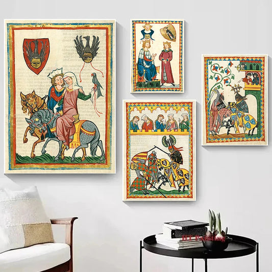 Medieval Antique European Art Posters Lovers on Horse Prints Canvas Printing Retro Wall Picture for Living Room Home Decoration