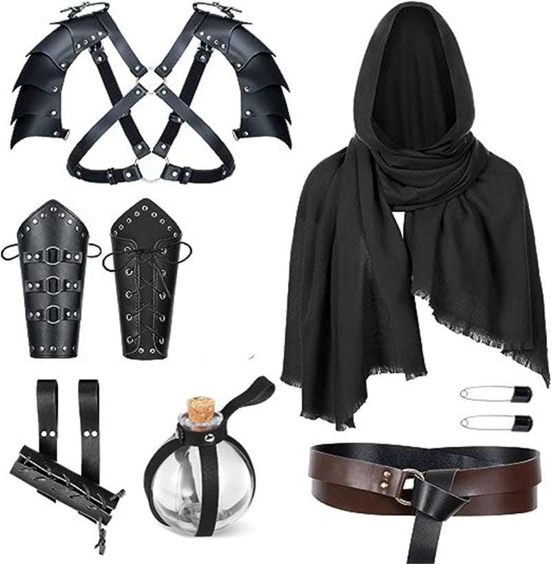 Medieval Knight Leather Men Renaissance Half Shoulder Cape Scarf Buckle Bracers