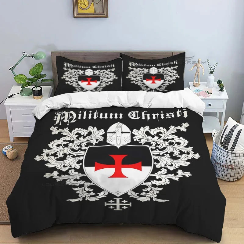 Medieval Knights Templar Patterns Comforter Bedding Set,Duvet Cover Bed Set Quilt Cover Pillowcase,King Queen Size Bedding Set