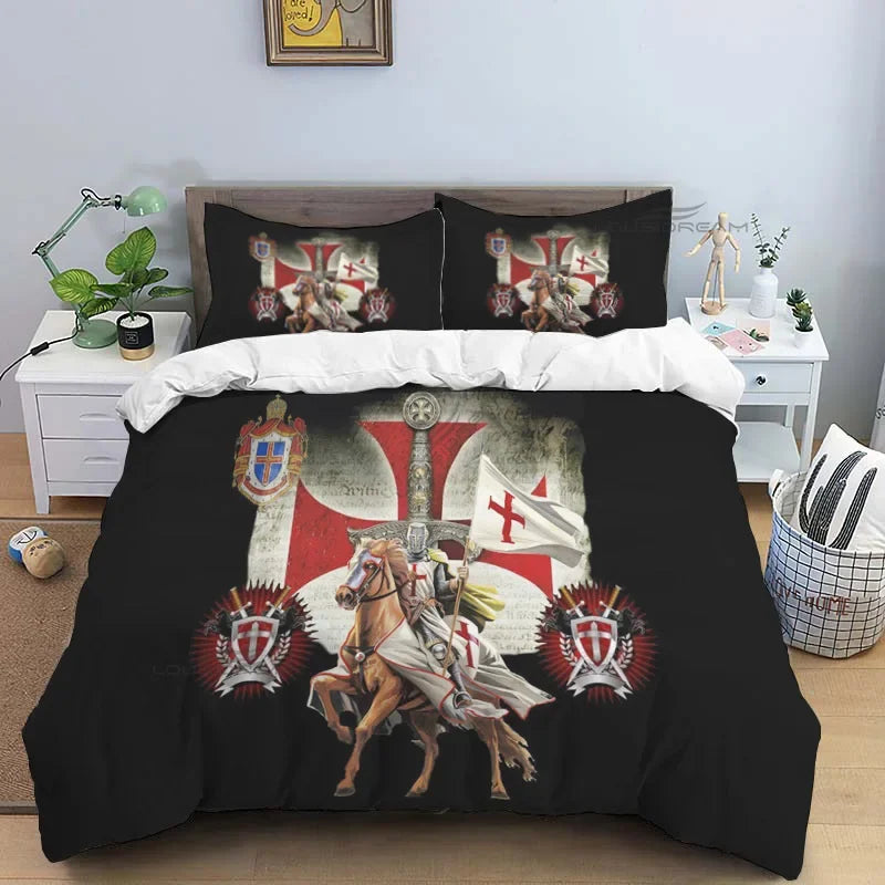 Medieval Knights Templar Patterns Comforter Bedding Set,Duvet Cover Bed Set Quilt Cover Pillowcase,King Queen Size Bedding Set