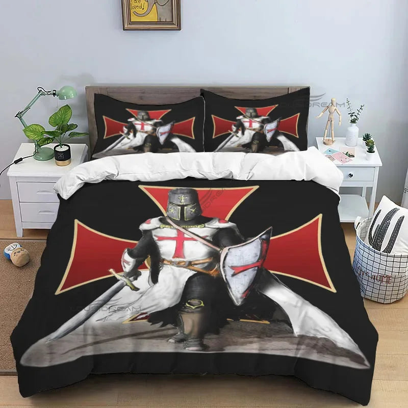 Medieval Knights Templar Patterns Comforter Bedding Set,Duvet Cover Bed Set Quilt Cover Pillowcase,King Queen Size Bedding Set