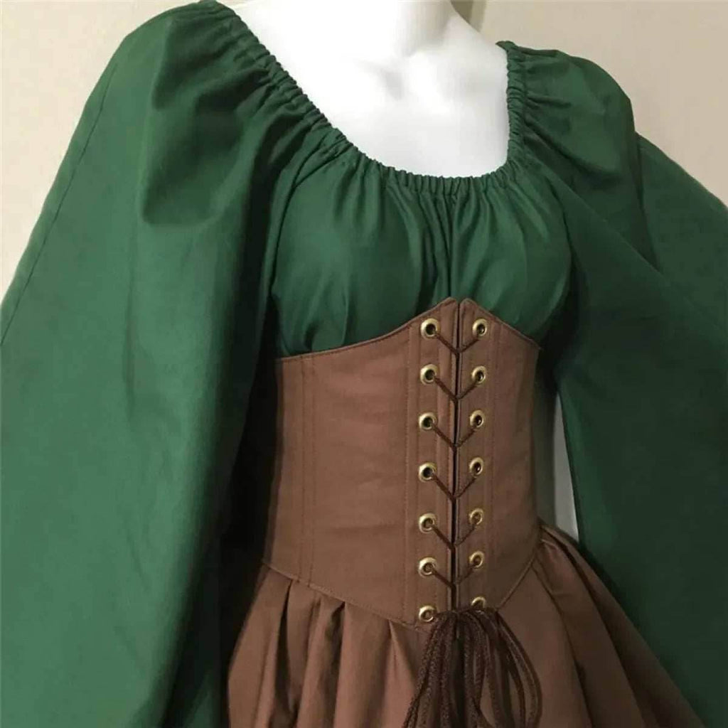 Medieval Renaissance Dress – Full Sleeve Costume with Corset - Brown / S
