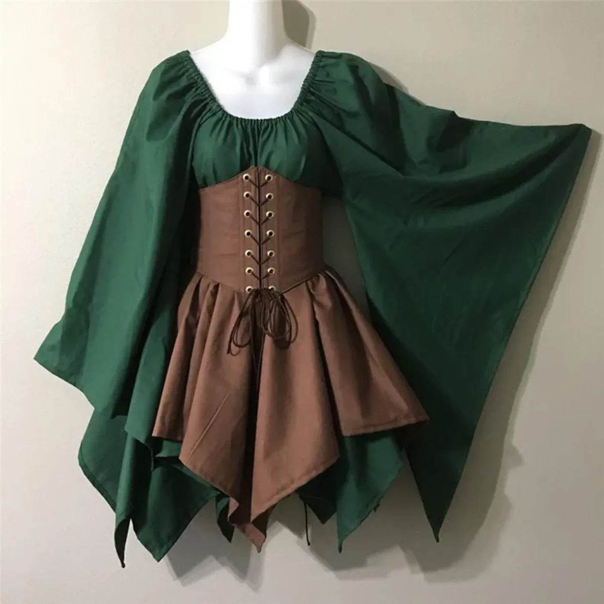 Medieval Renaissance Dress – Full Sleeve Costume with Corset - Brown / S