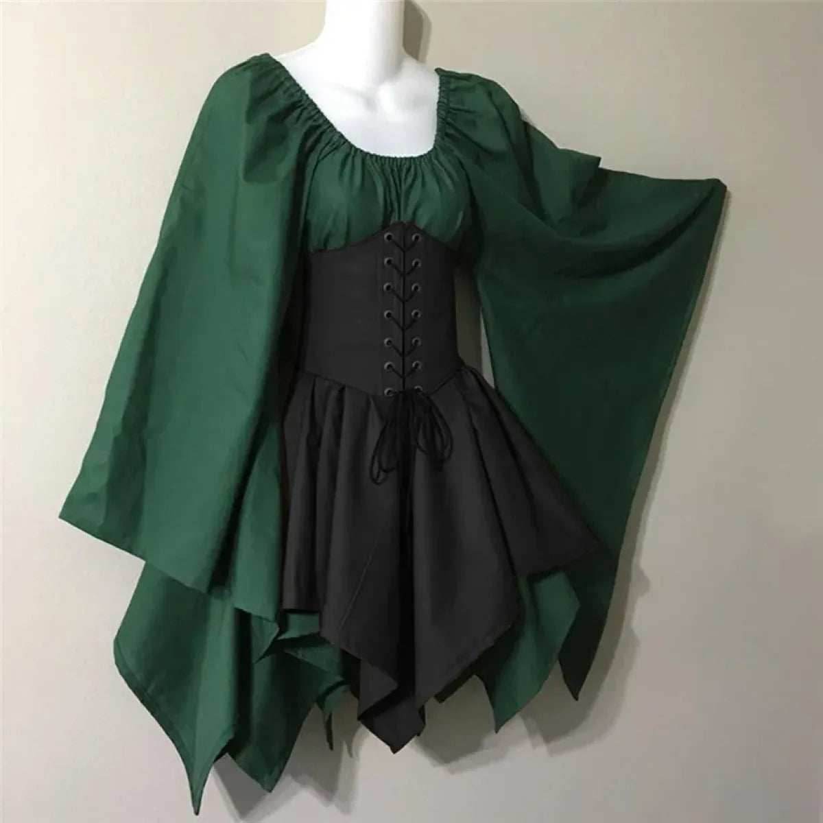 Medieval Renaissance Dress – Full Sleeve Costume with Corset - Green / S