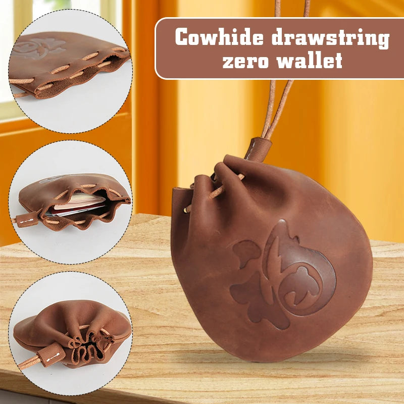 Medieval Retro Cowhide Drawstring Coin Purse Small Bags Women Men Lipstick ID Credit Card Money Key Holder Storage Coin Pouch