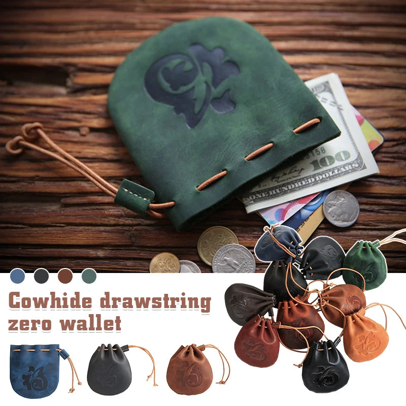 Medieval Retro Cowhide Drawstring Coin Purse Small Bags Women Men Lipstick ID Credit Card Money Key Holder Storage Coin Pouch