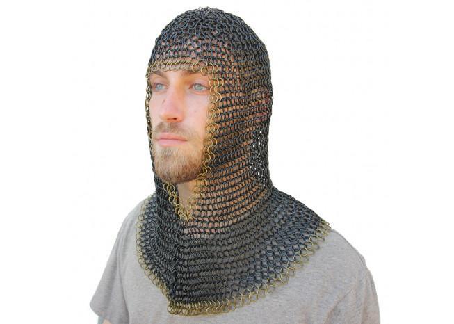 Medieval V Brass Face Mild Steel Chainmail Coif Armor-1