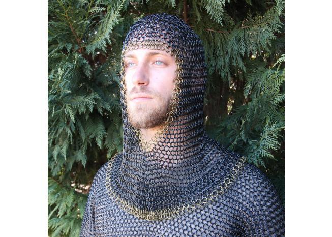 Medieval V Brass Face Mild Steel Chainmail Coif Armor-3