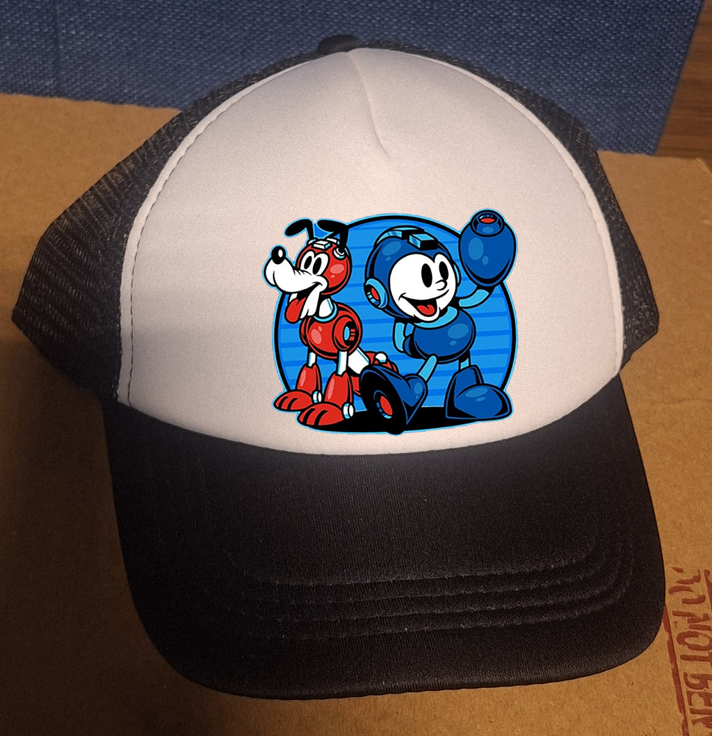 Adjustable Trucker Baseball Cap Featuring Megaman and Rush from the Video Game Series