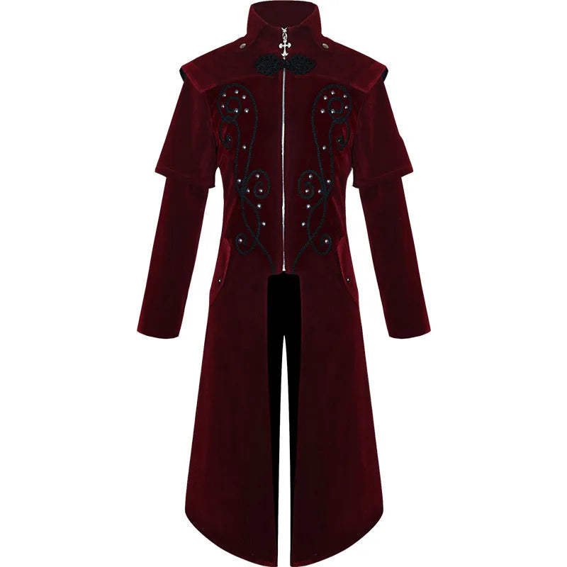 Men's Gothic Medieval Steampunk Castle Vampire Devil Red Coat Cosplay Costume Victorian Luxury Tuxedo Suit Trench Jackets