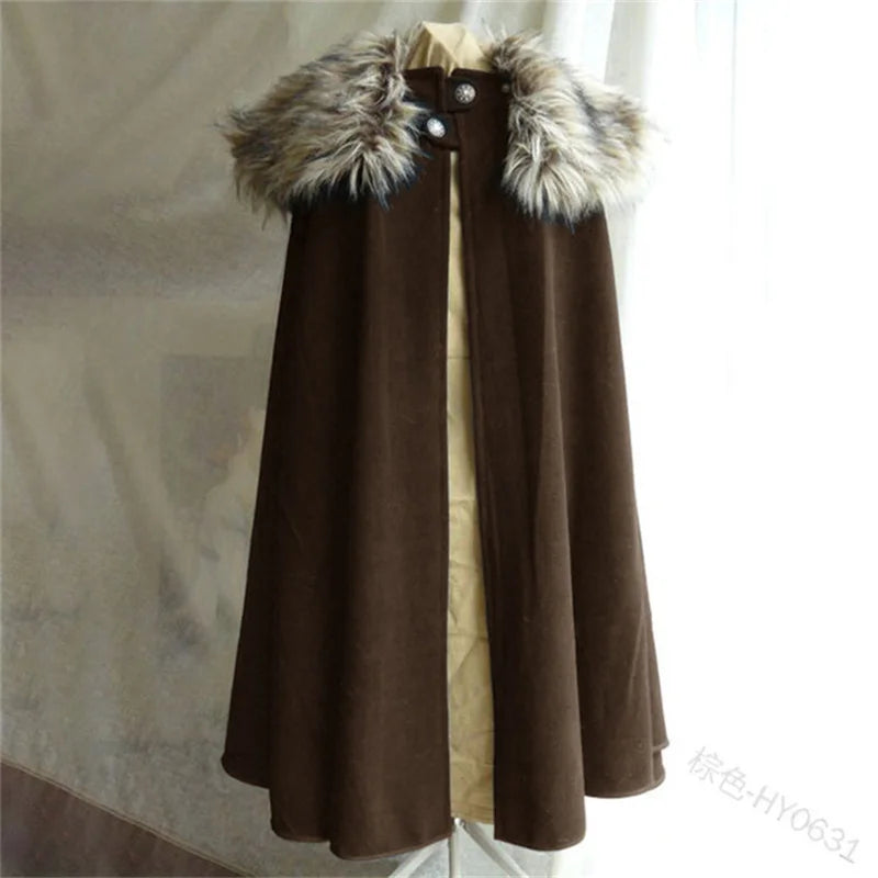 Men's Medieval Costume Cloak Winter Fur Collar Larp Viking Cosplay Cape coat High Quality Gothic Women Cape Halloween Costume