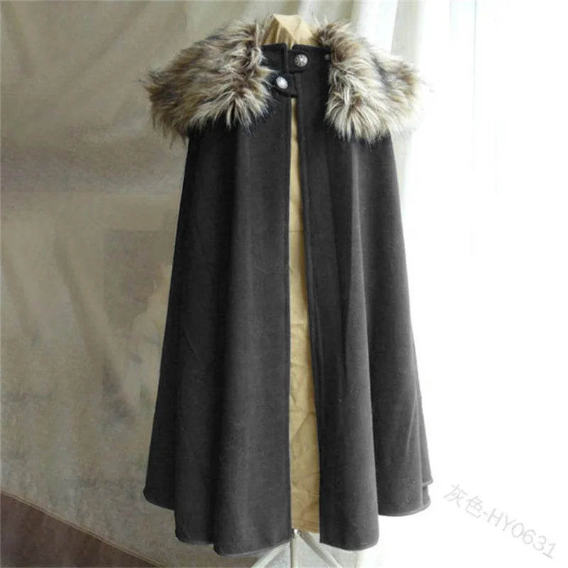 Men's Medieval Costume Cloak Winter Fur Collar Larp Viking Cosplay Cape coat High Quality Gothic Women Cape Halloween Costume