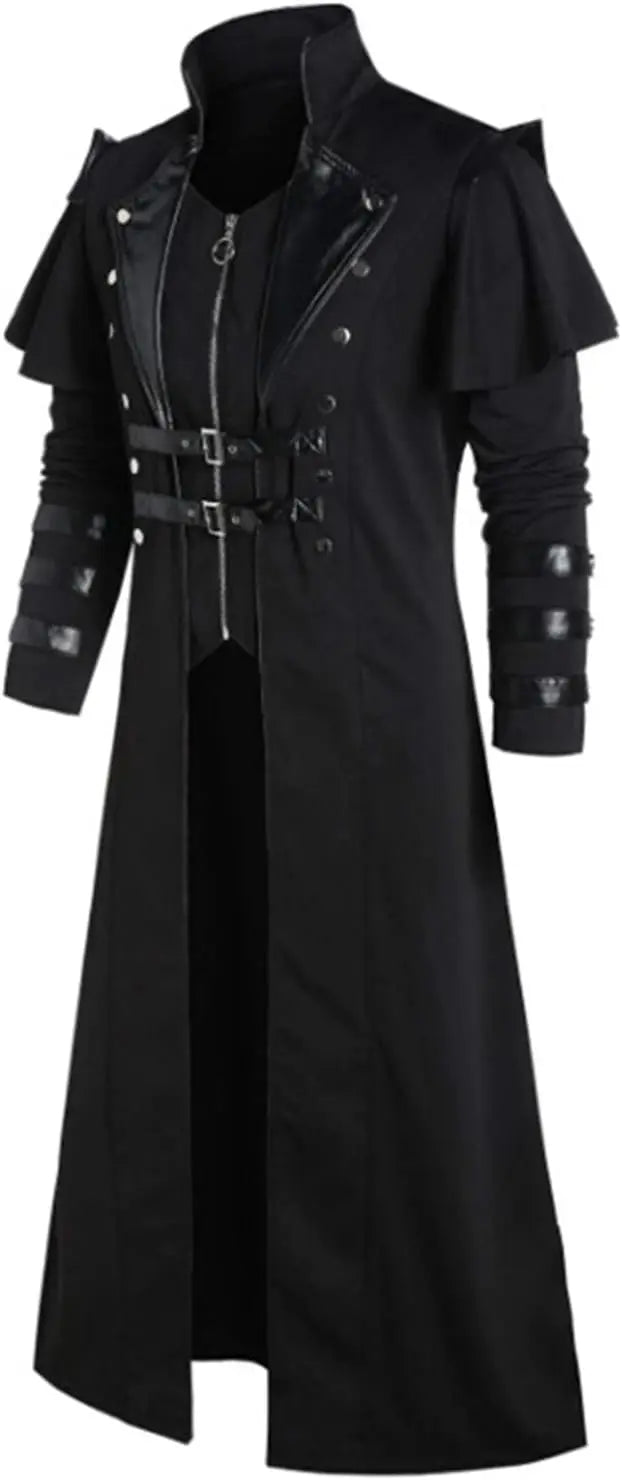 Men's Steampunk Gothic Long Trench Coat Jacket Double Breasted Zipper Punk Tops Cosplay Medieval Costume Black