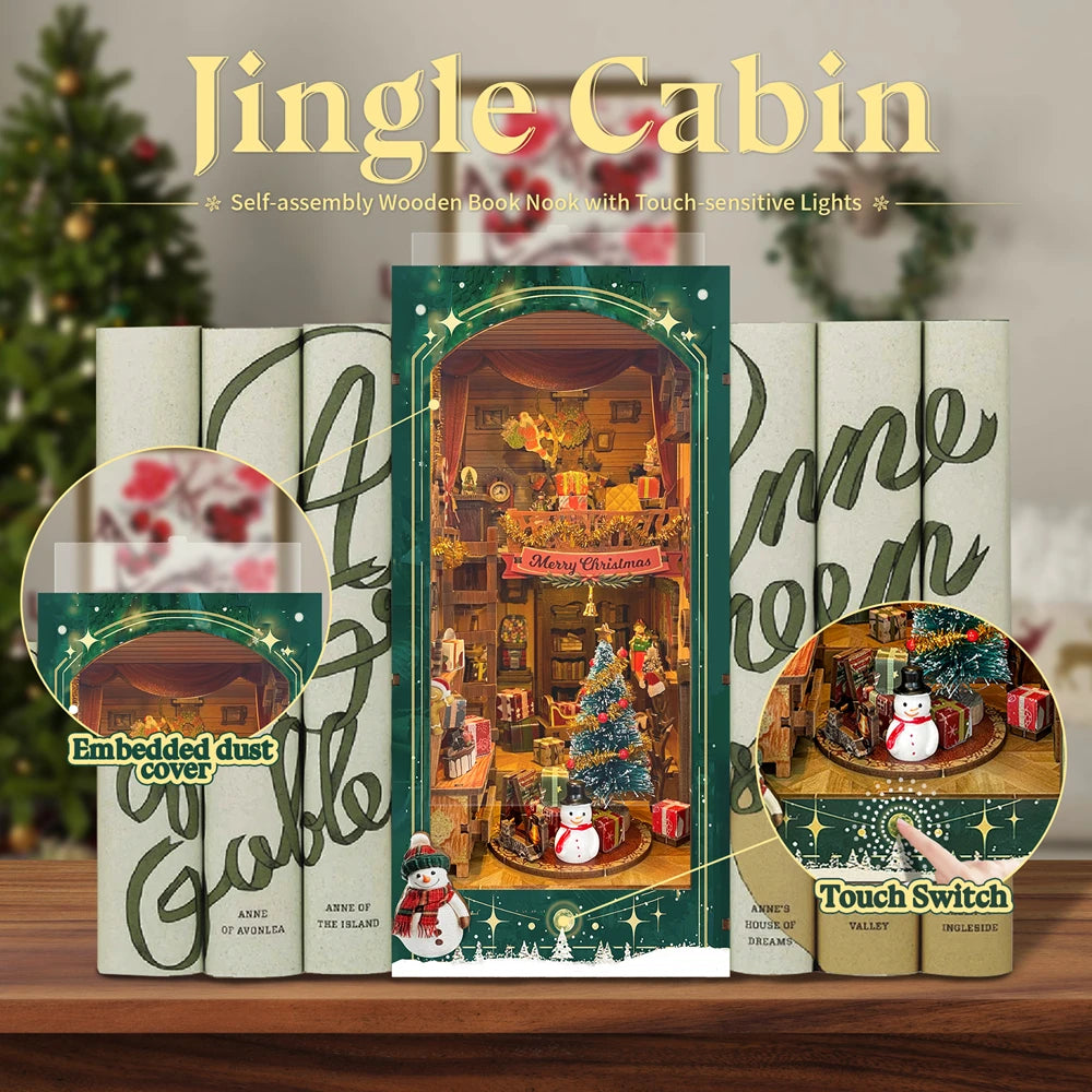 Merry Christmas Diy Wooden Book Nook Shelf Insert Kit Snowy Night Casa Miniature Model Kits Bookshelf Bookend For Friends Gifts