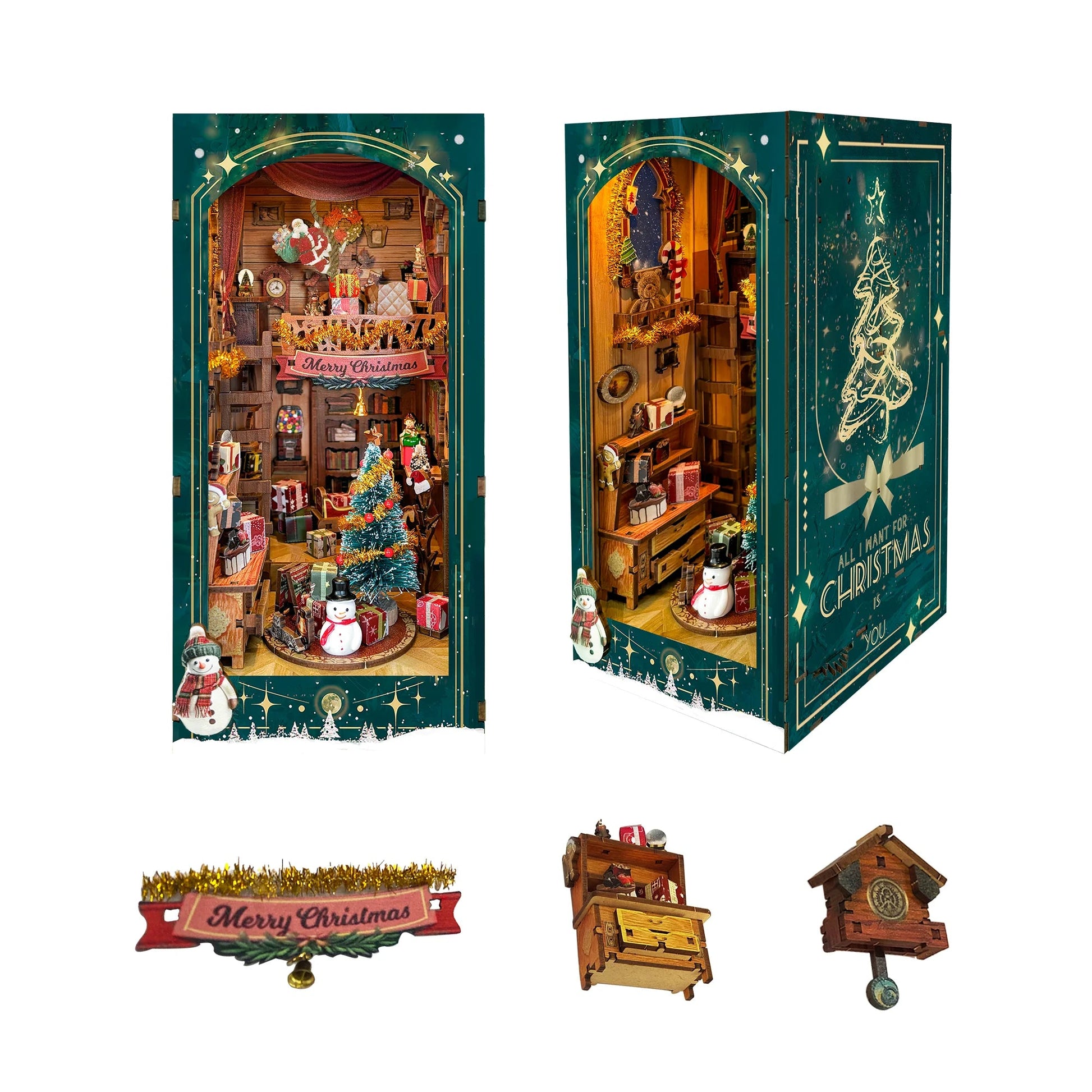 Merry Christmas Diy Wooden Book Nook Shelf Insert Kit Snowy Night Casa Miniature Model Kits Bookshelf Bookend For Friends Gifts