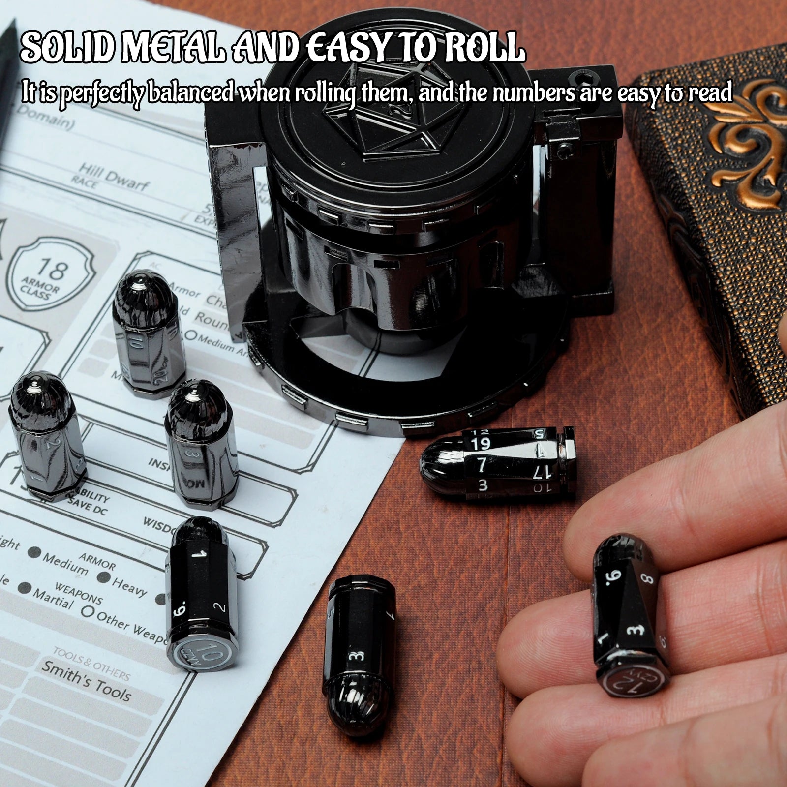 Metal  Bullet Dice Set of 7 with Spinning Revolver Cylinder Container - Cyberpunk Style Dice