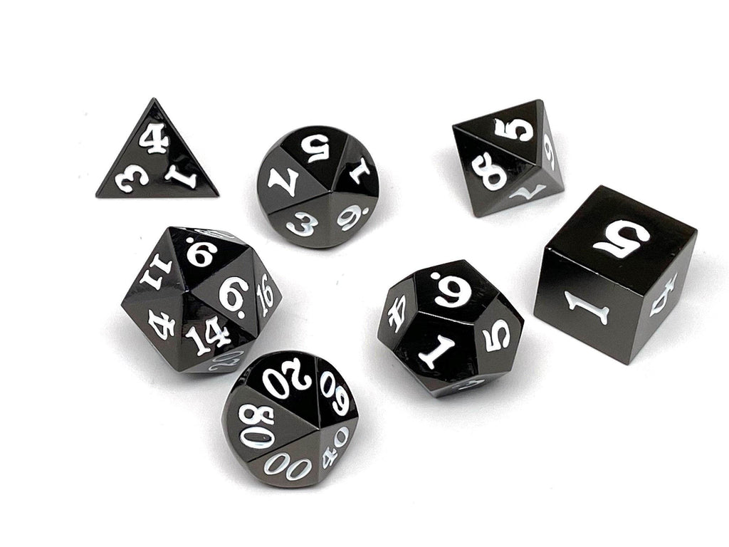 Gun Metal 7 Piece Dice Set - Signature Font - White - Role-Players