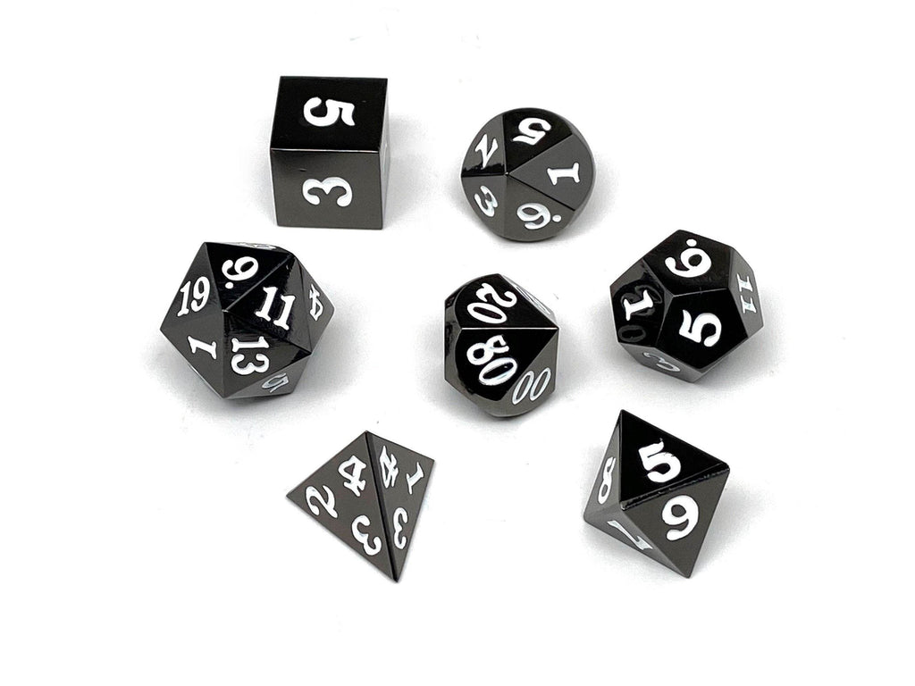 Gun Metal 7 Piece Dice Set - Signature Font - White - Role-Players