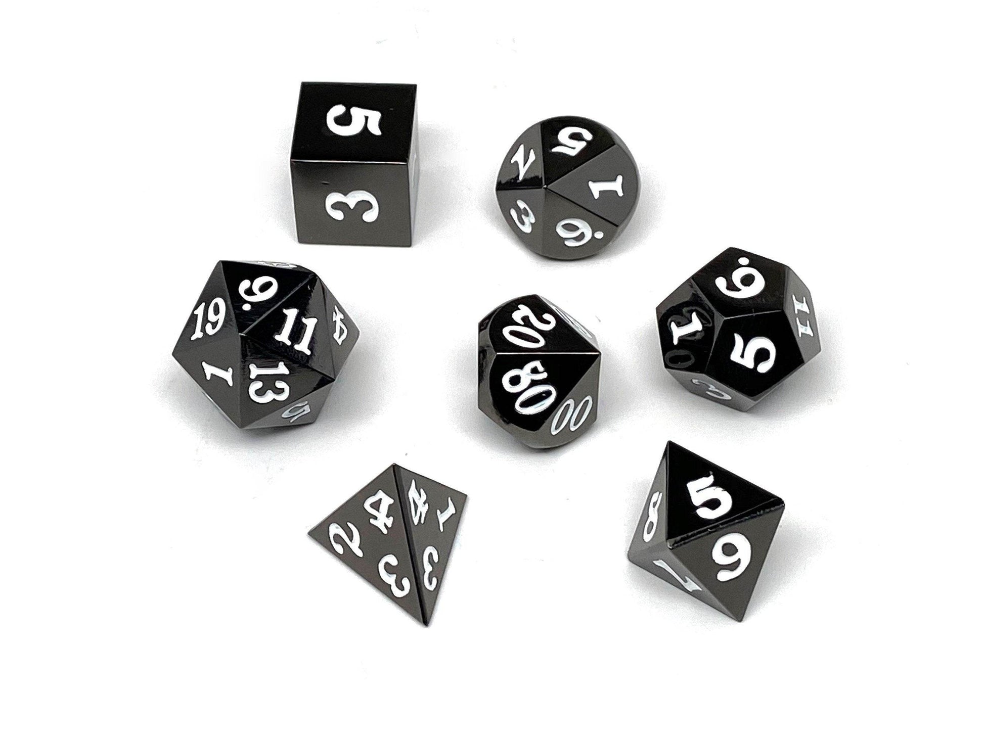 Gun Metal 7 Piece Dice Set - Signature Font - White - 