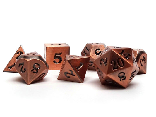 Legendary Copper 7 Piece Metal Dice Set - Black Signature Font - 