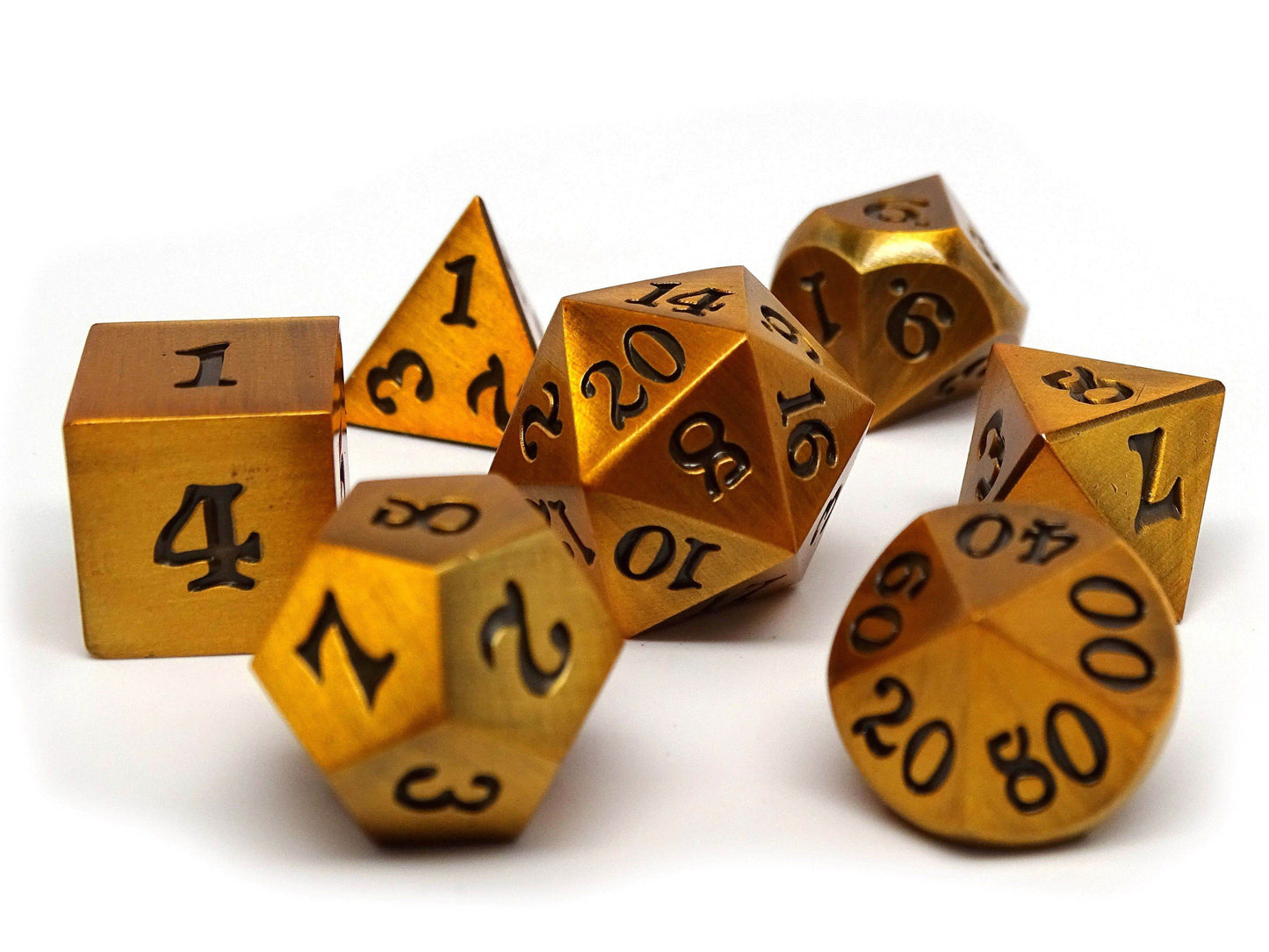 Legendary Gold 7 Piece Metal Dice Set - Black Signature Font - 