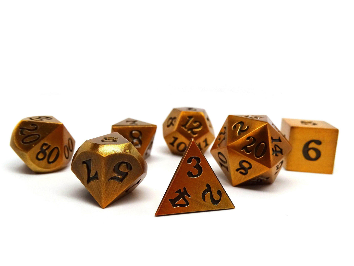 Legendary Gold 7 Piece Metal Dice Set - Black Signature Font - 