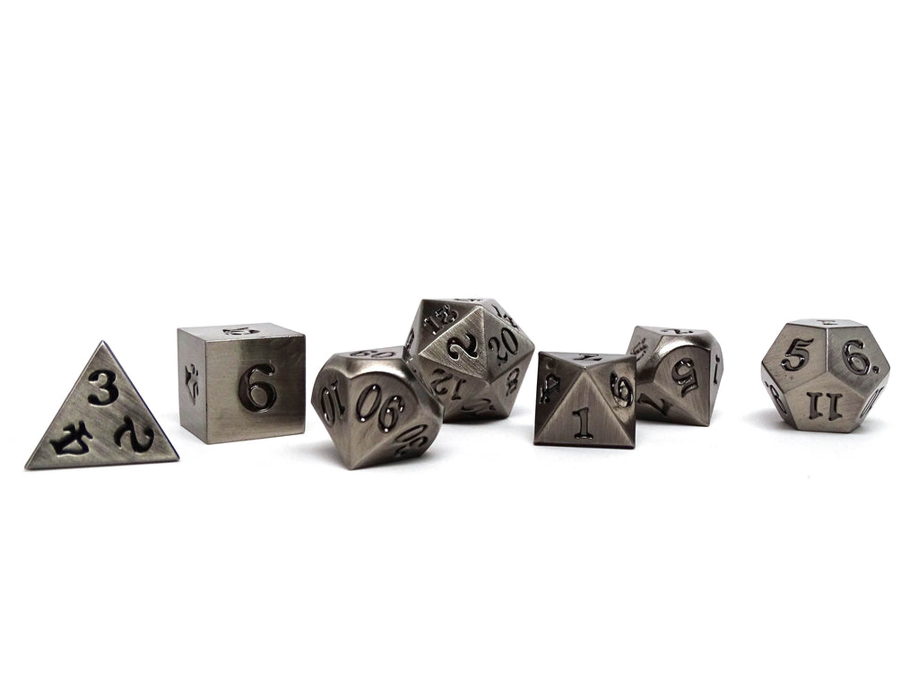 Legendary Silver 7 Piece Metal Dice Set - Black Signature Font - Role-Players