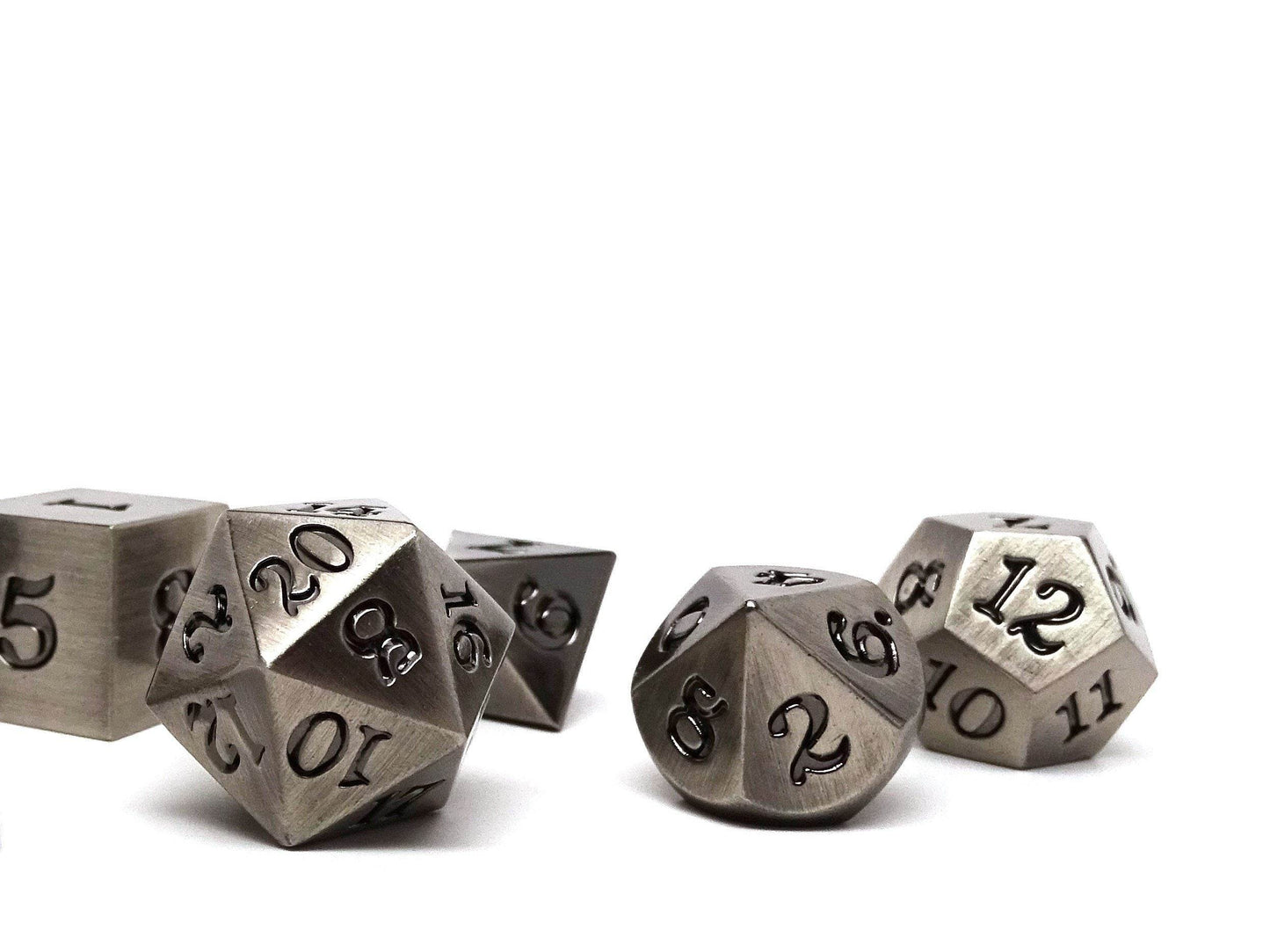 Legendary Silver 7 Piece Metal Dice Set - Black Signature Font - 