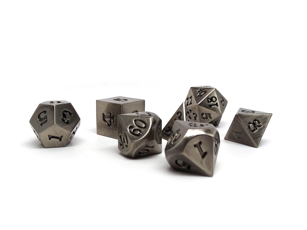 Legendary Silver 7 Piece Metal Dice Set - Black Signature Font - Role-Players