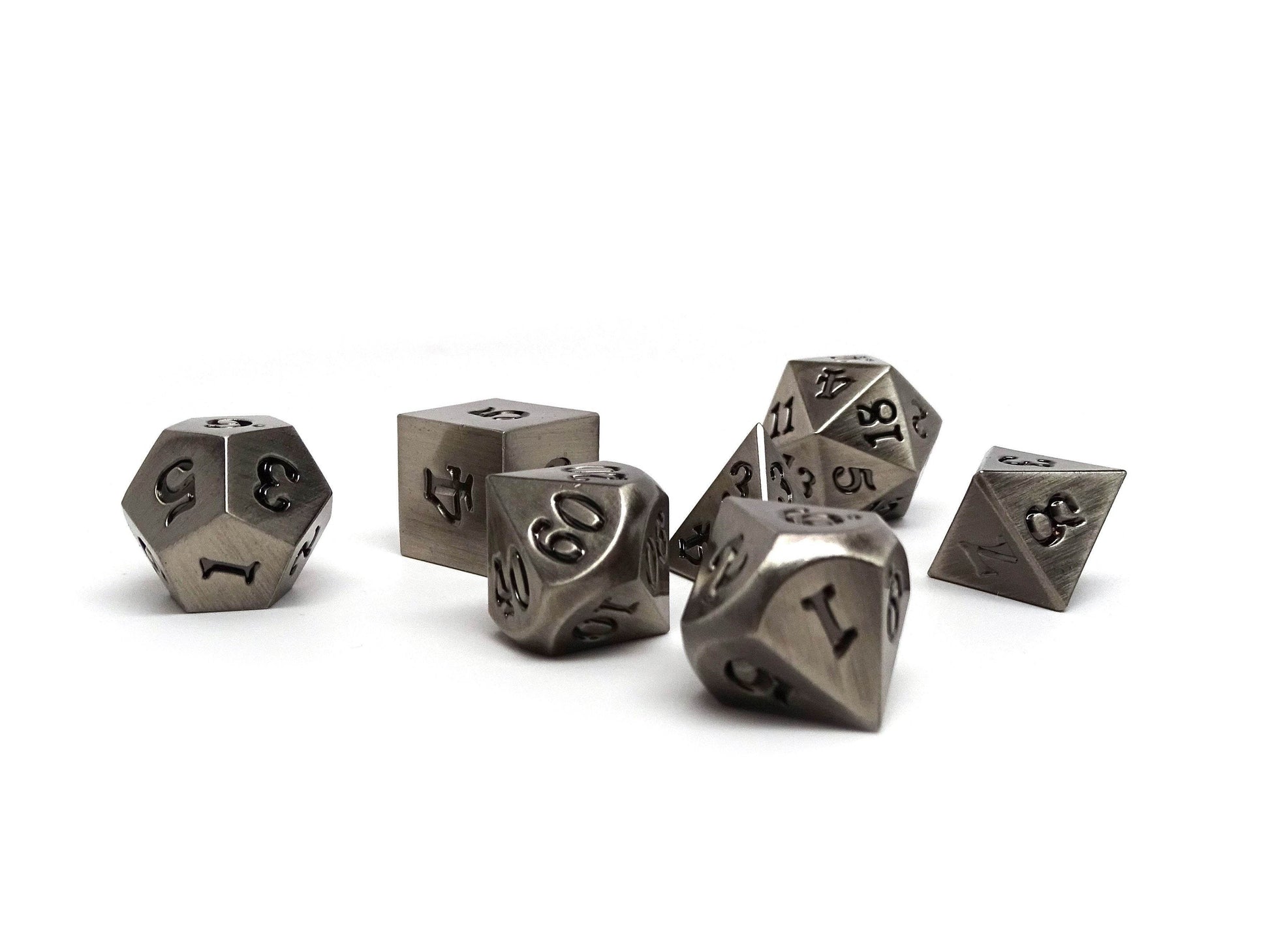 Legendary Silver 7 Piece Metal Dice Set - Black Signature Font - 
