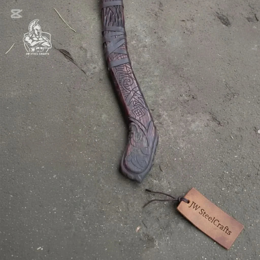 Hand Engraved Viking Double-Bit Axe with Carved Hardwood Handle and Norse Rune Detailing | Handmade Damascus Steel Collector Axe | JW SteelCrafts