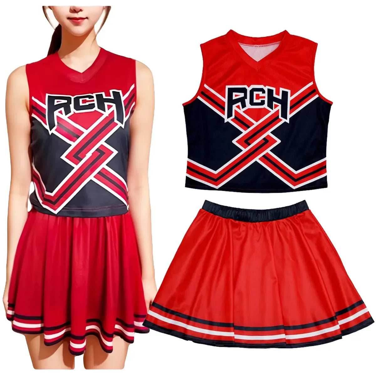 Takerlama RCH Printed Cheerleader Uniform Bring it On Cosplay Women's Fancy Dress Tank Top Mini Skirt Halloween Costume Clothes - Costume Only / XXL